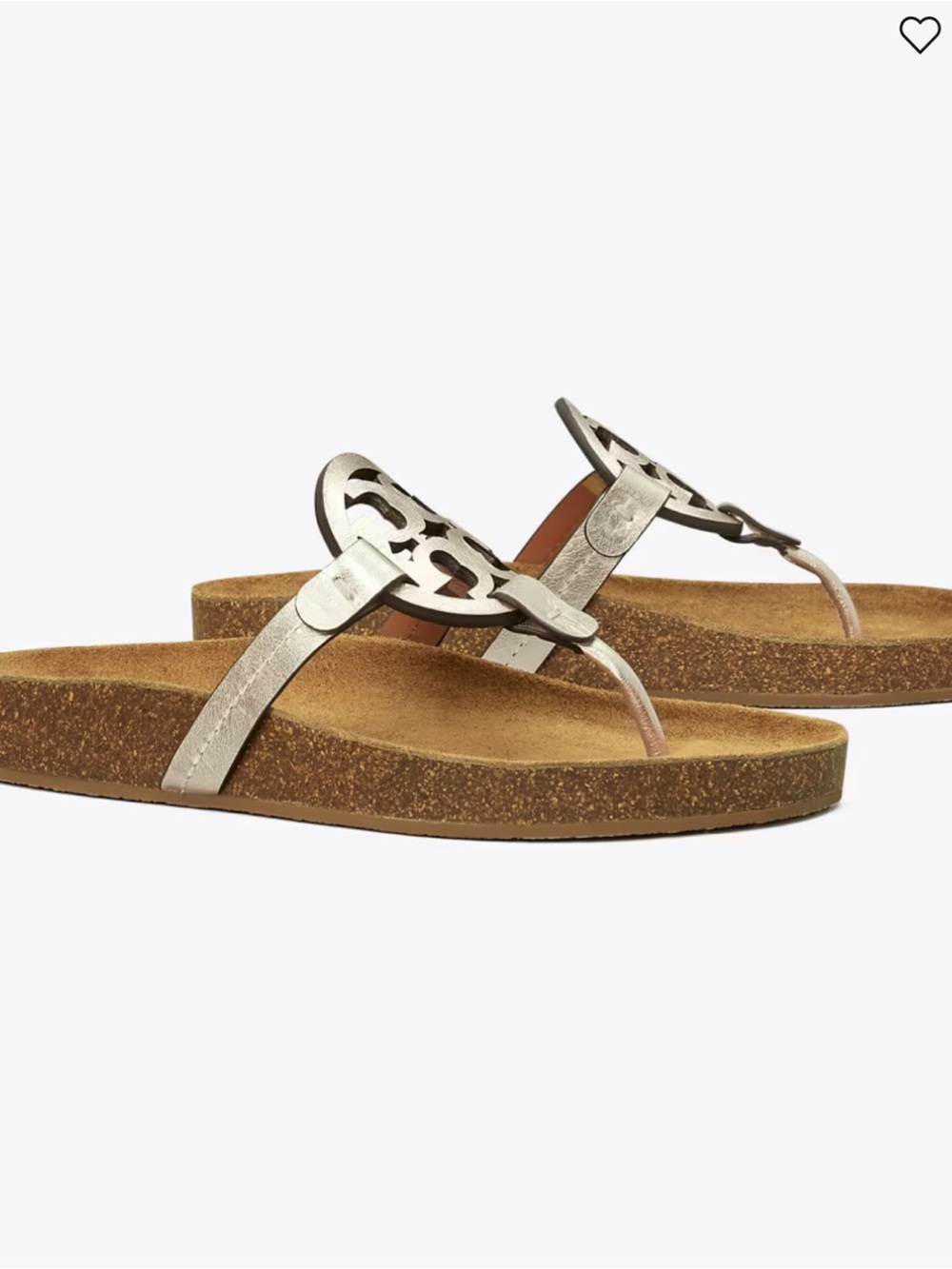 Tory Burch Metallic Silver Logo Cork Wedge Thong Sandals